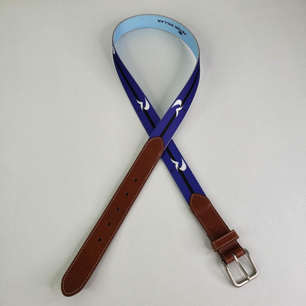 Peter Millar Webbed Belt Mens 38 Blue Brown Leather Trim Golf Casual